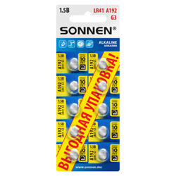 Батарейки алкалиновые ''таблетка'' КОМПЛЕКТ 10 шт., SONNEN Alkaline, 192A (G3, LR41), в блистере, 4571