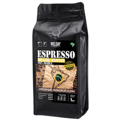 Кофе в зернах WELDAY (ВЭЛДЭЙ) ''ESPRESSO БРАЗИЛИЯ САНТОС'' 1 кг, арабика 100%, 624401
