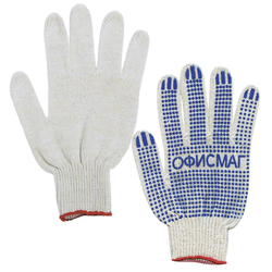 Перчатки хлопчатобумажные, КОМПЛЕКТ 50 ПАР, 10 класс, 32-34 г, 83 текс, ПВХ точка, ОФИСМАГ, БЕЛЫЕ, 6