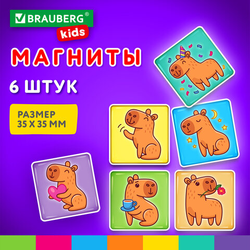 Магниты квадратные стеклянные 35 мм для досок магнитно-маркерных, НАБОР 6 шт., ''Капибара'', BRAUBERG