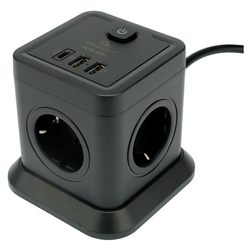 Сетевой фильтр CABLEXPERT Tower, 4 розетки, 10 А, 1 x Type-C PD, 20 Вт, 2 х USB, 2 м, черный, TWR-4-