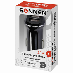 Зарядное устройство автомобильное SONNEN, 2 порта USB, выходной ток 2,1 А, черное-белое, 454796