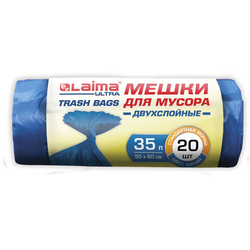 Мешки для мусора LAIMA ''ULTRA'' 35 л синие, в рулоне 20 шт. особо прочные, ПВД 20 мкм, 50х60 см, 6076
