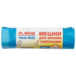 Мешки для мусора с завязками LAIMA ''ULTRA'' 60 л, синие, рулон 20 шт., прочные, ПНД 18 мкм, 60х70 см,