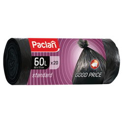 Мешки для мусора 60 л, черные, в рулоне 20 шт., ПНД, 7,4 мкм, 60х72 см, PACLAN ''Standart''