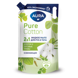 Мыло жидкое 2 в 1 для рук и тела 850 мл, AURA Pure Cotton ''Хлопок и луговые травы'', дой-пак, 12833