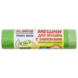 Мешки для мусора биоразлагаемые с завязками LAIMA ''ULTRA'' 35 л, рулон 20 шт., прочные, ПНД 15 мкм, 5