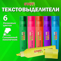 Набор текстовыделителей 6 НЕОНОВЫХ ЦВЕТОВ, STAFF ''EVERYDAY HL-720'', линия 1-5 мм, скошенный наконечн