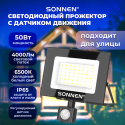 Прожектор светодиодный с датчиком движения 50 Вт, 6500 К, 4000 Лм, 50 м2, IP65, 187х176х51 мм, черны
