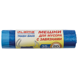 Мешки для мусора с завязками LAIMA ''ULTRA'' 35 л, синие, рулон 20 шт., особо прочные, ПВД 22 мкм, 50х