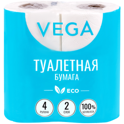 Бумага туалетная Vega 2-слойная, 4шт., эко, 15м, тиснение, белая, 100% целлюлоза 315618