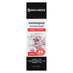 Карандаши (НАБОР 12 штук) угольные BRAUBERG ART CLASSIC, (МЯГКИЙ, СРЕДНИЙ, ТВЕРДЫЙ), 181293