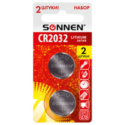 Батарейки литиевые SONNEN Lithium CR2032, ''таблетки, дисковые, кнопочные'', КОМПЛЕКТ 2 шт., блистер,