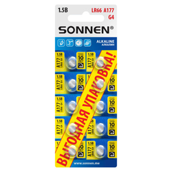Батарейки алкалиновые ''таблетка'' КОМПЛЕКТ 10 шт., SONNEN Alkaline 177A (G4, LR66), в блистере, 45713