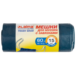 Мешки для мусора с завязками LAIMA ''ULTRA'', 60 л, синие, рулон 15 шт., особо прочные, ПСД 30 мкм, 60