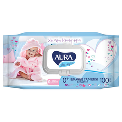 Салфетки влажные детские 100 шт., AURA Ultra Сomfort, гипоаллергенные, 0+, крышка клапан, 14588