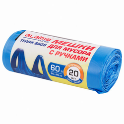 Мешки для мусора с ручками LAIMA ULTRA 60 л, синие, рулон 20 шт., прочные, ПНД 17 мкм, 60х80 см, 607