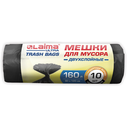 Мешки для мусора LAIMA ''ULTRA'' 160 л черные, рулон 10 шт. прочные, ПВД 30 мкм, 90х120 см, 607694