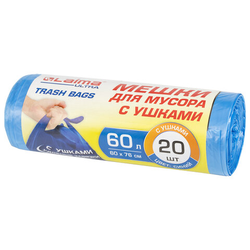 Мешки для мусора с ушками LAIMA ''ULTRA'' 60 л синие, рулон 20 шт. прочные, ПНД 14 мкм, 60х76 см, 6076