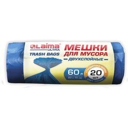 Мешки для мусора LAIMA ''ULTRA'' 60 л синие, в рулоне 20 шт. прочные, ПВД 25 мкм, 60х70 см, 607687