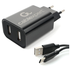 Зарядное устройство CABLEXPERT 12 Вт, 2.4 А, 2 х USB, кабель Type-C, 1 м, черный, коробка-блистер, M
