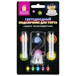 Цифра-подсвечник ''2'' светодиодная, ЗОЛОТАЯ СКАЗКА, в наборе 4 свечи 6 см, 1 батарейка, 591425