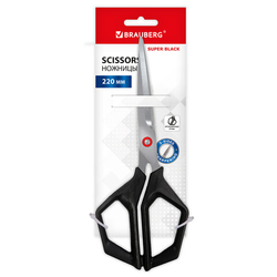 Ножницы BRAUBERG ''Super black'' 220 мм, черные, 3-сторонняя заточка, ручки из ABS-пластика, 238855